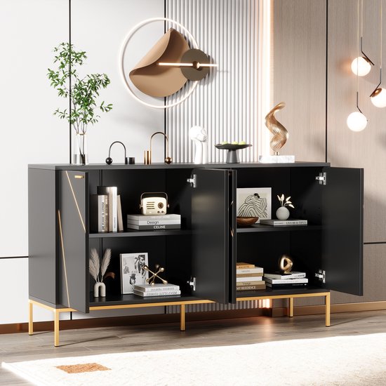 STILVORA Dressoir - 4 Deuren Met Verstelbare Plank En Metalen Poten - Opbergkast Voor Woonkamer En Hal - Spaanplaat - Zwart Goud - 150x40x80 Cm