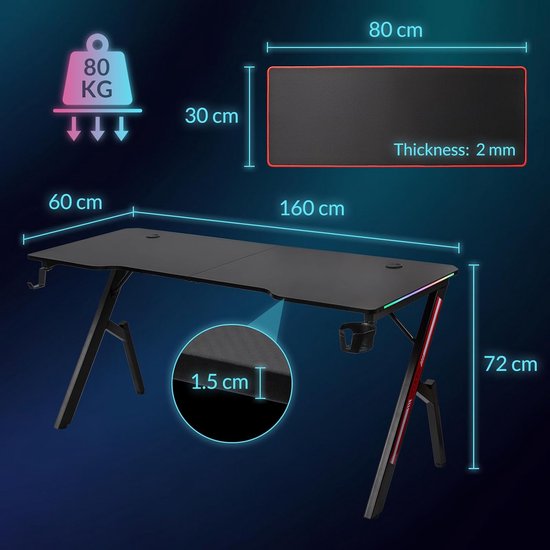 Groot Gamingbureau 160x60 cm met Koolstofvezel Buroblad - Ergonomisch Bureau met Accessoires — afbeelding 2