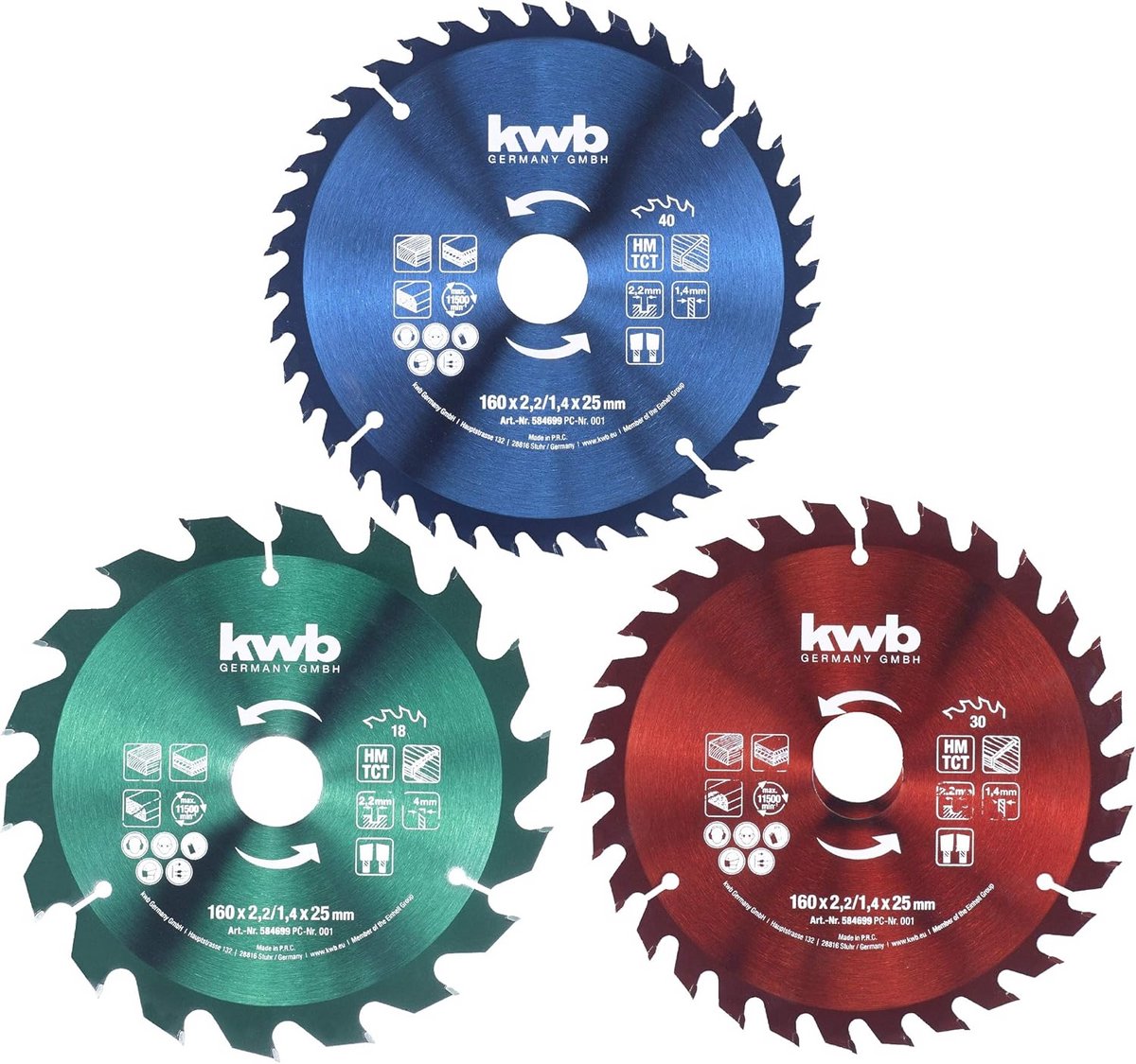Set van 3 Cirkelzaagbladen 160 mm met Reductieringen voor Hout en Plaatmaterialen