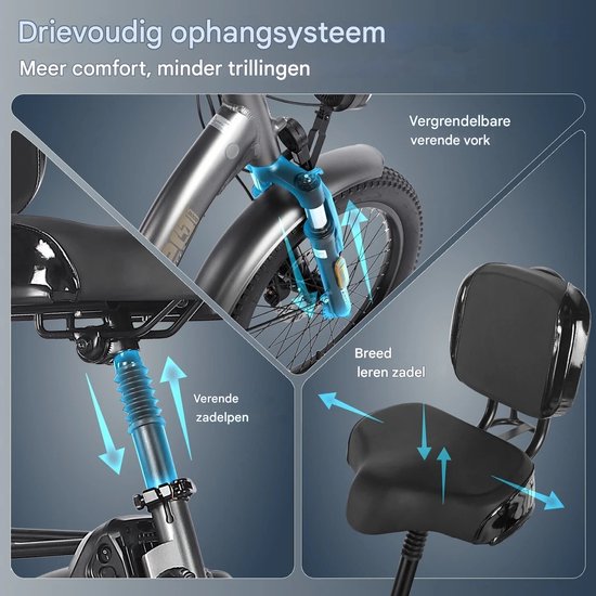 Dik Klapfiets E-Bakfiets 20 Inch 48V 23.45Ah Accu, Hydraulische Schijfremmen Elektrische Fiets, Elektrische Vrachtsfiets 180kg, Grijs Driewieler E-Bike van Merkloos — afbeelding 2