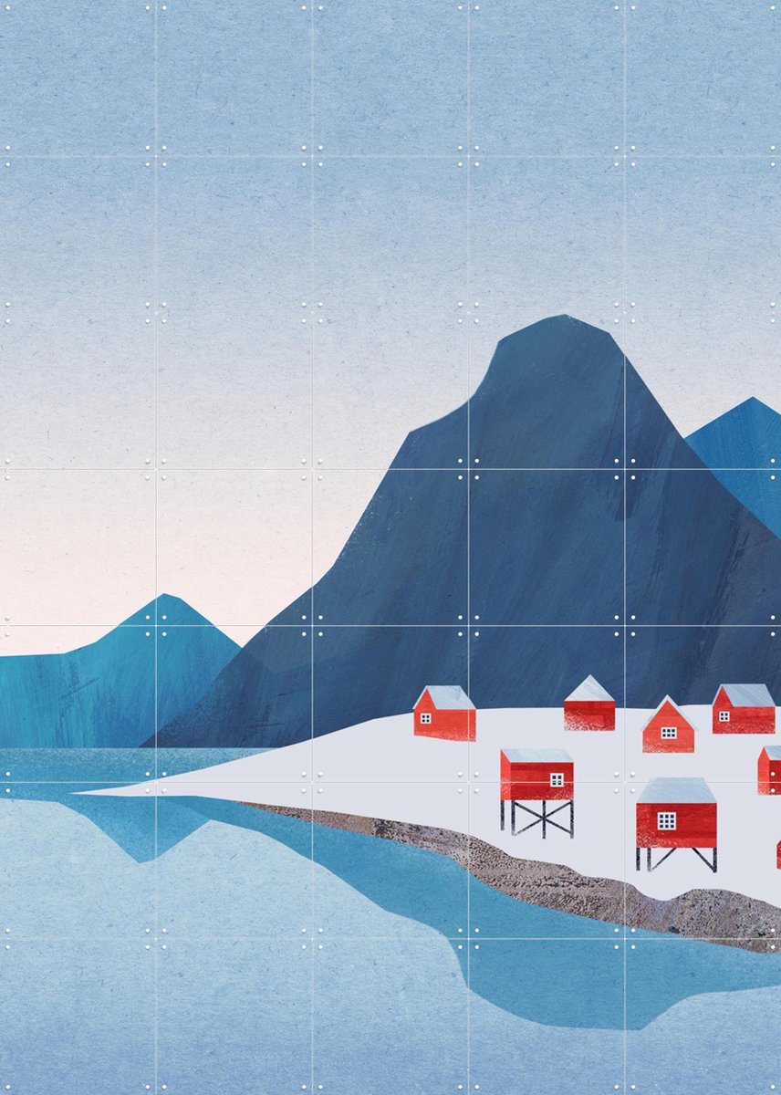 IXXI Red Houses - Lofoten, Henry Rivers - 100 x 140 cm - Gratis ophangtool - Grote wanddecoratie en posters - Geometrische Kunst, Minimalisme