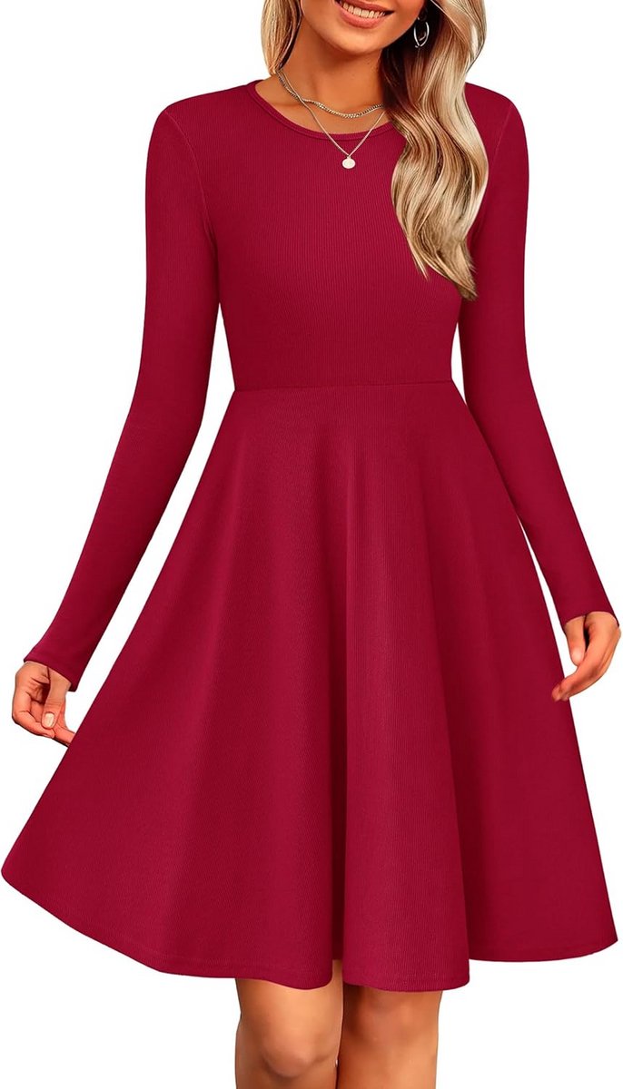 Dames Trui Jurk Lange Mouwen Ronde Hals Elegante Gebreide Swing Jurk Herfst Winter