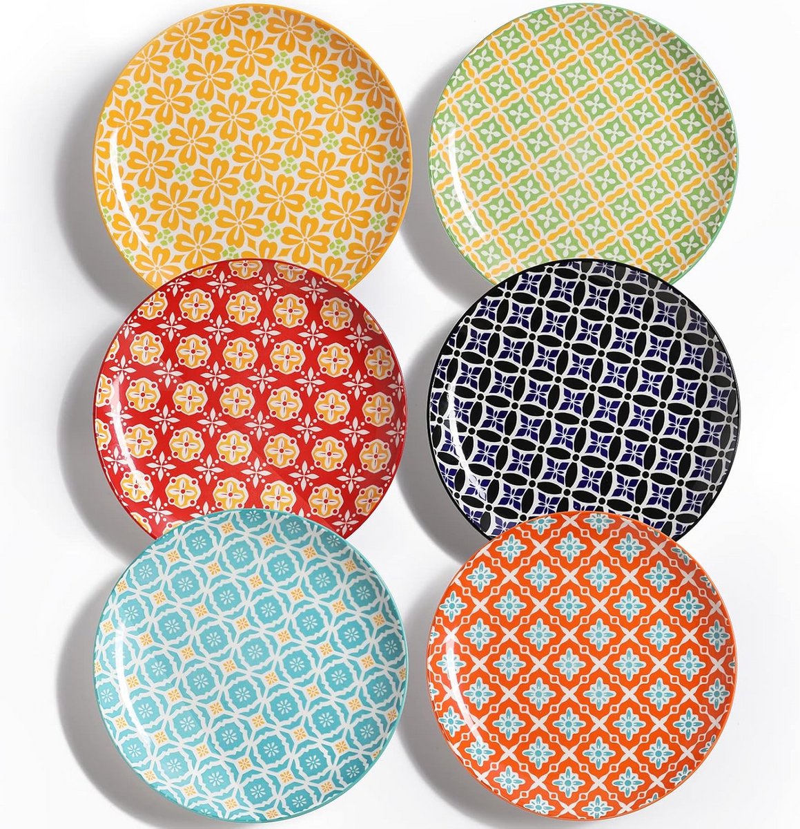 Set van 6 Grote Keramische Borden voor Diner en Dessert - Kleurrijk Servies