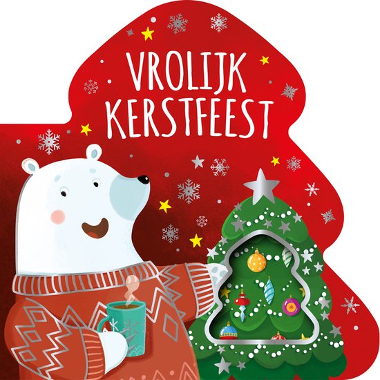 Een vrolijke witte beer in een kersttrui met een mok warme chocolademelk, naast een uitsteekvorm van een kerstboom. Tekst: Vrolijk Kerstfeest.