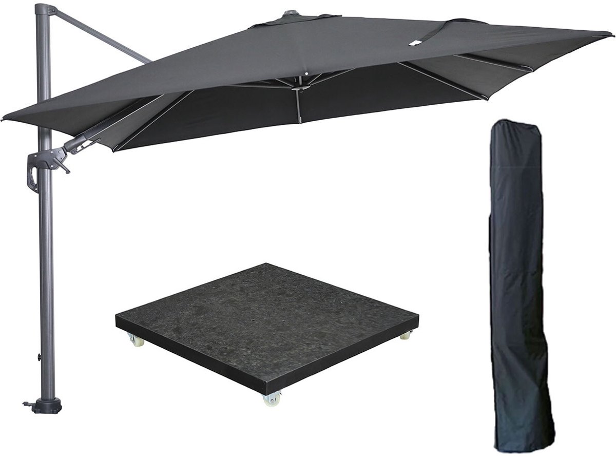 Garden Impressions Hawaii zweefparasol 300x300 cm carbon black / zwart met 90kg royal antraciet parasolvoet en parasolhoes