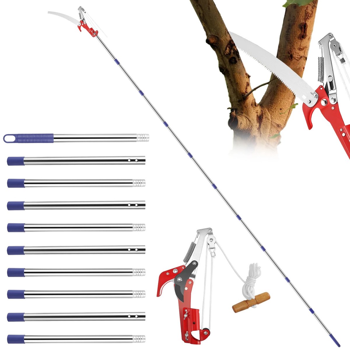 Novendo Goods - Telescopische snoeischaar met snoeizaag 82-410 cm – RVS Paalsnoeischaar met trekkoord – Hoge reikwijdte boomzaag voor takken tot 30 mm – Verstelbaar tuingereedschap