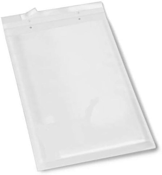 Witte, platte, doorzichtige plastic envelop met twee insteekgaten aan de bovenkant.