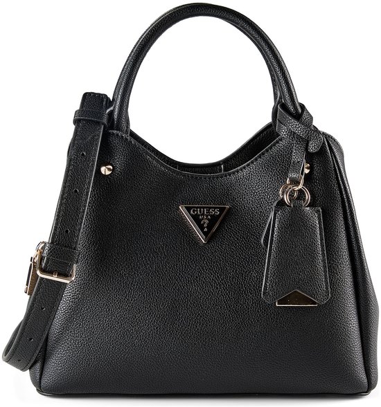 Sac à main noir Guess avec bandoulière, boucle dorée, logo Guess et porte-clés.