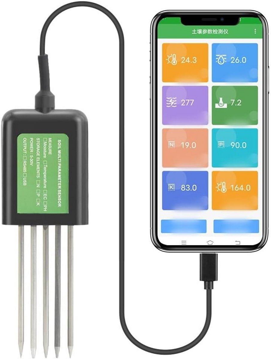 7-in-1 USB bodemsensor voor vochtigheid pH NPK temperatuur en geleidbaarheid met Android app 1,5 meter