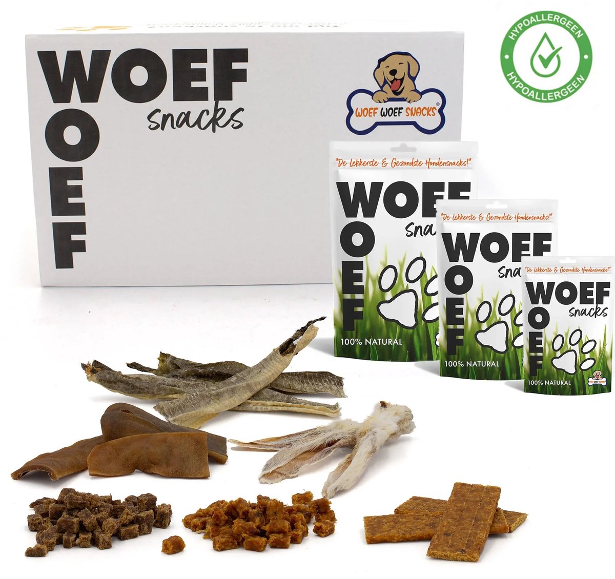 Woef Woef Snacks Hondensnacks Hypoallergene Snackbox - 1.00 KG - Kauwsnacks - Gedroogd vlees - Diverse smaken - vanaf 3 maanden - Geen toevoegingen