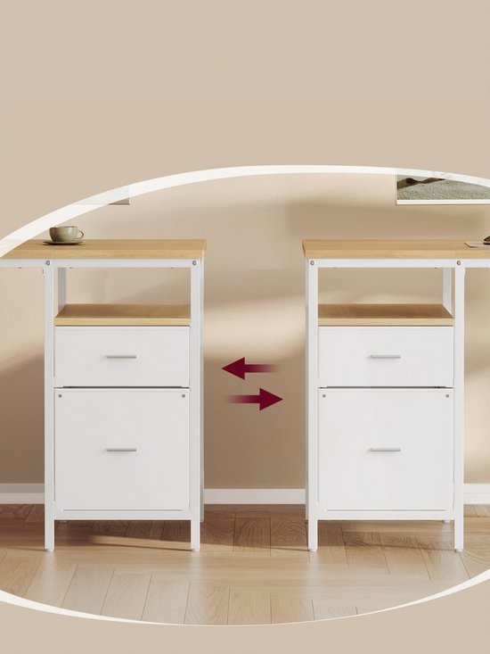 Comparaison d'un bureau avec sa commode dans deux positions, avec des flèches rouges indiquant la direction du mouvement.