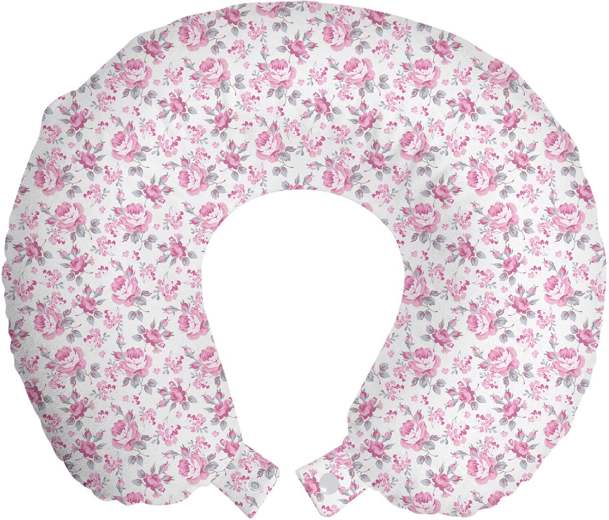 ABAKUHAUS Shabby Flora Reiskussen met Neksteun, Roze Rozen Lente, Schuimrubberen Reisaccessoire voor Vliegtuig en Auto, 30x30 cm, Lichtroze Wit Grijs
