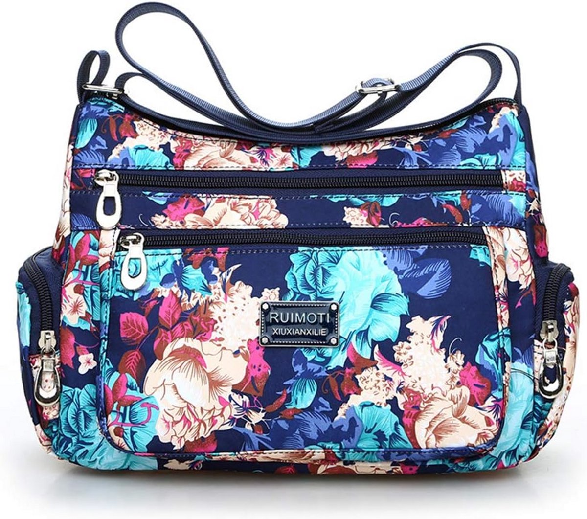 Dames Crossbody Tas - Nylon Schoudertas met Bloemen en Multi-Pockets