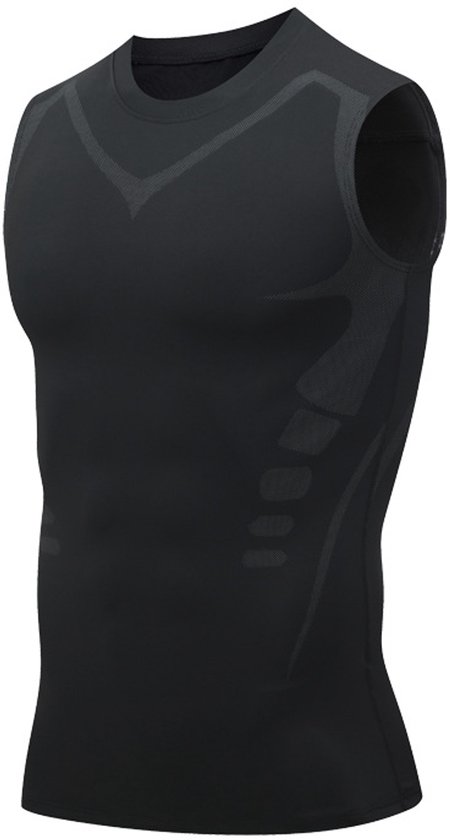 Zwart mouwloos compressievest met een subtiel grijs v-vormig design op de borst en gestreept patroon op de zijkant.