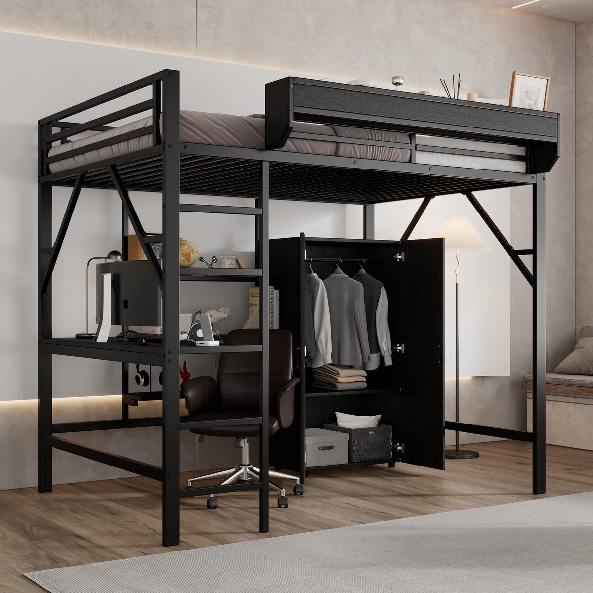 Wishdor Hoogslaper - 140x200 cm - Met Bureau, Dubbellaagse Opbergruimte En Ingebouwde Kledingkast - Metaal en MDF - Zwart