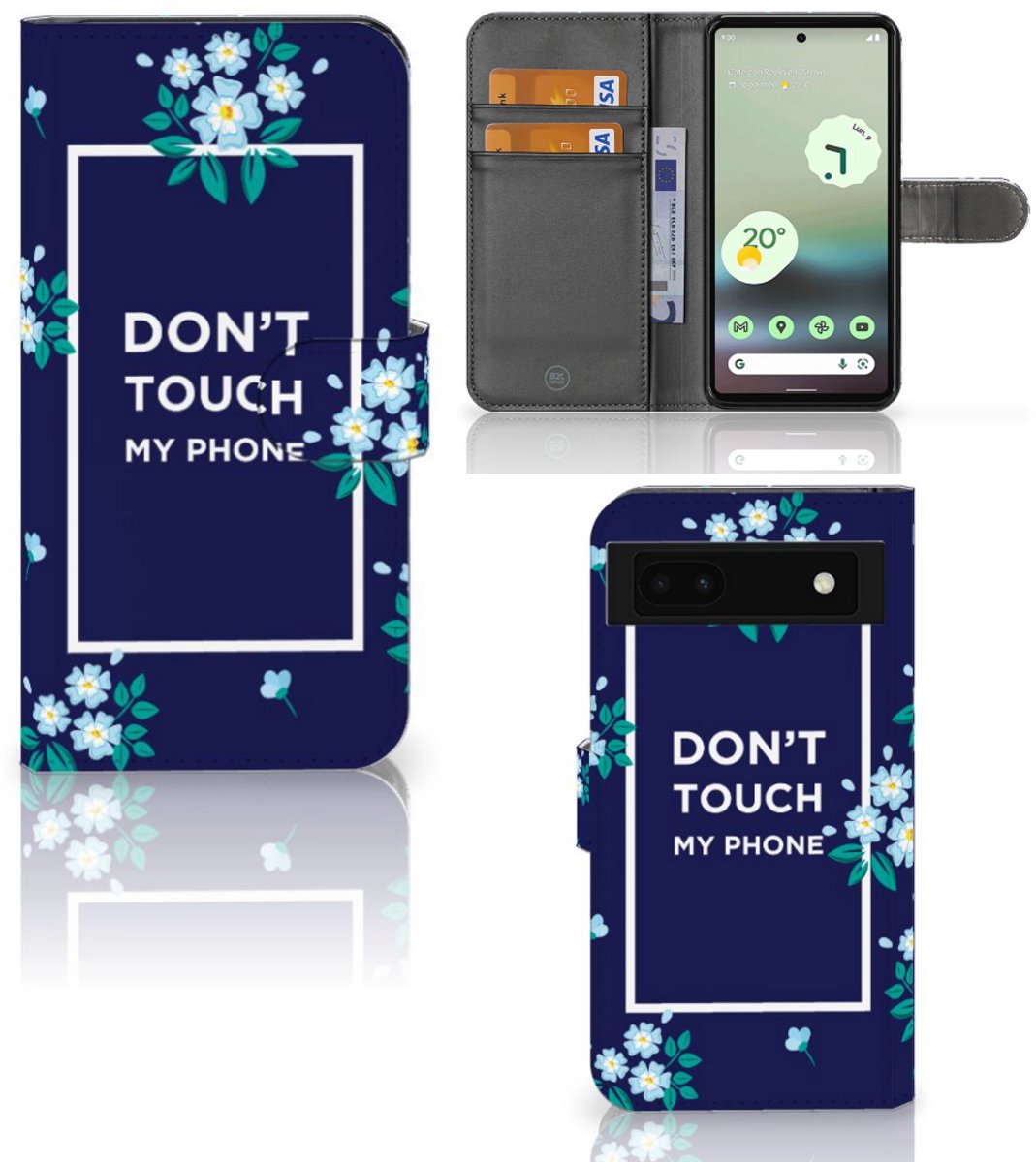 Google Pixel 6A Portemonnee Hoesje Flowers Blue DTMP