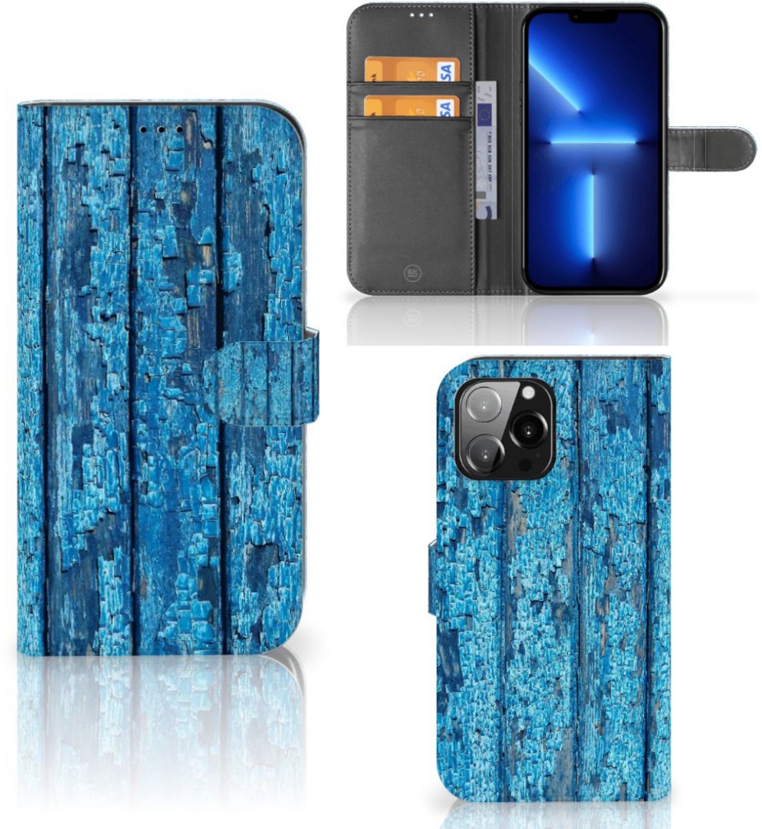iPhone 13 Pro Max Book Style Case Wood Blue