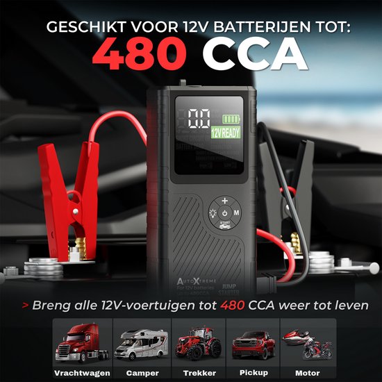AutoXtreme 12V Jumpstarter met Compressor voor Auto – 480CCA - Boost Air Micro – Starthulp met Forcestart, Powerbank & LED-scherm – Incl. Zaklamp & Opbergkoffer