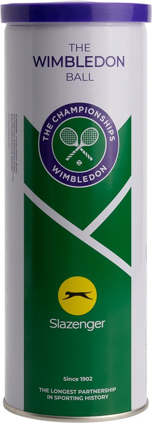 Tennisbal blik met paarse dop. Wit met groene en paarse opdruk 'The Wimbledon Ball' en Slazenger logo.