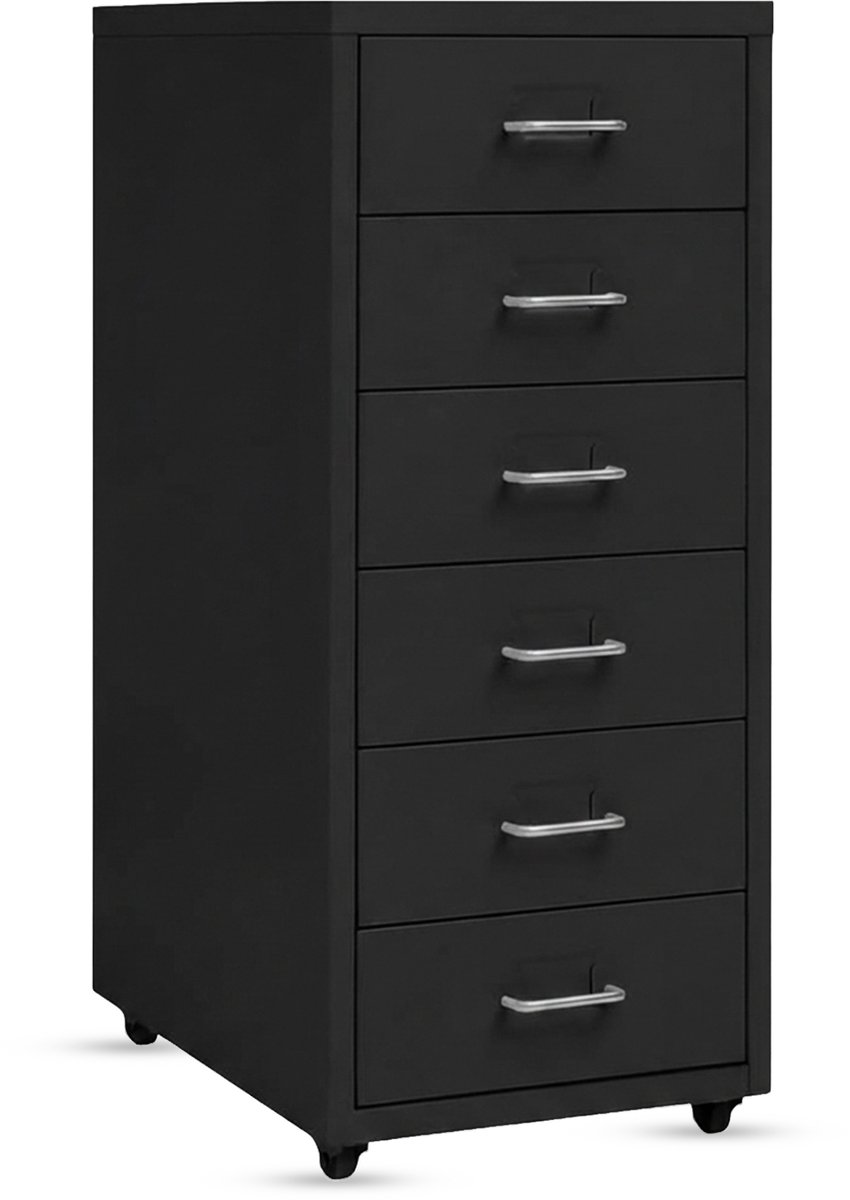 Hervita Ladeblok Zwart - Ladeblok Op Wielen - 6 Lades - Ladeblok Bureau - 69 X 40 X 28 CM