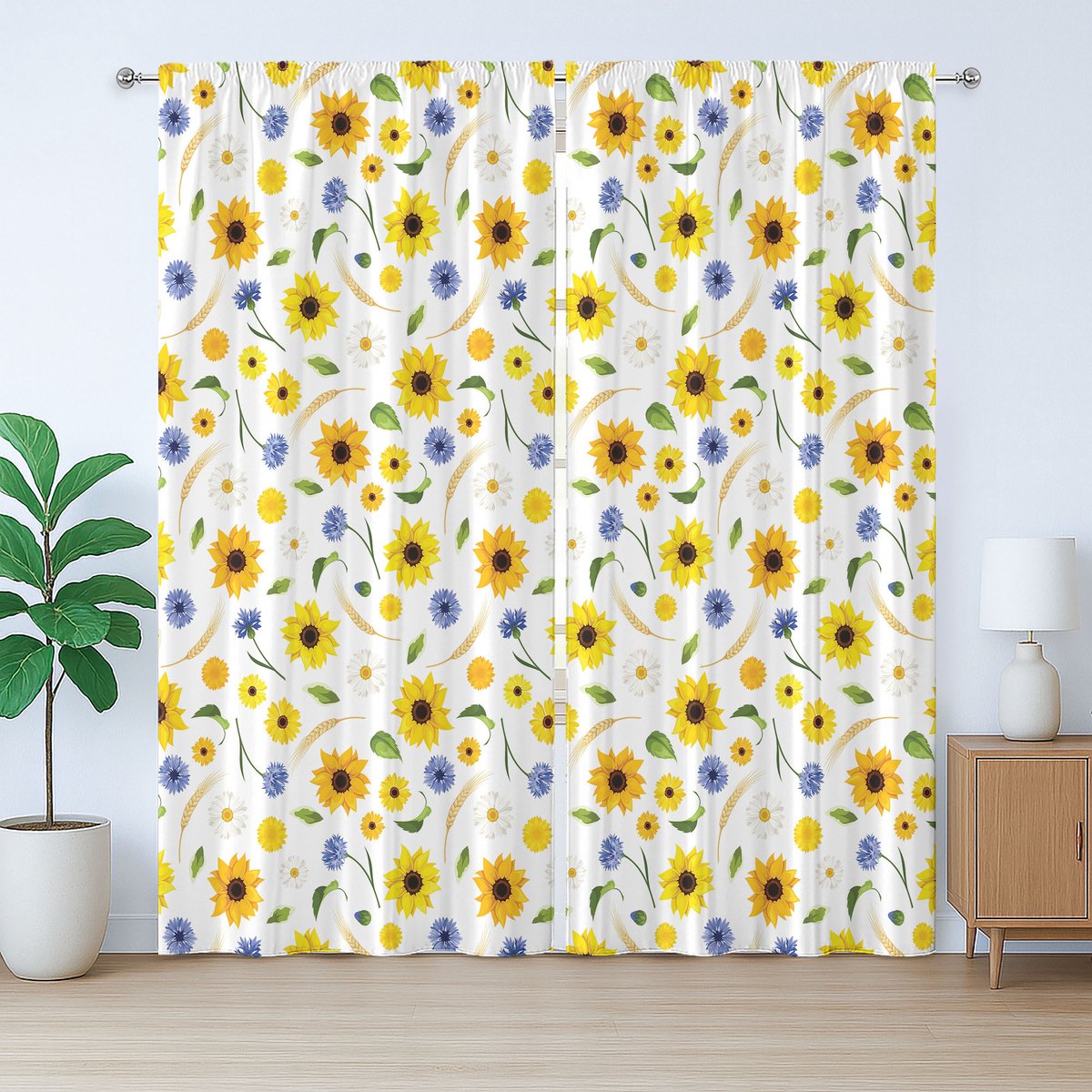 ABAKUHAUS Geel en wit rustiek gordijn, botanisch patroon, met lussen en haken voor de woonkamer, 280 x 175 cm, meerkleurig