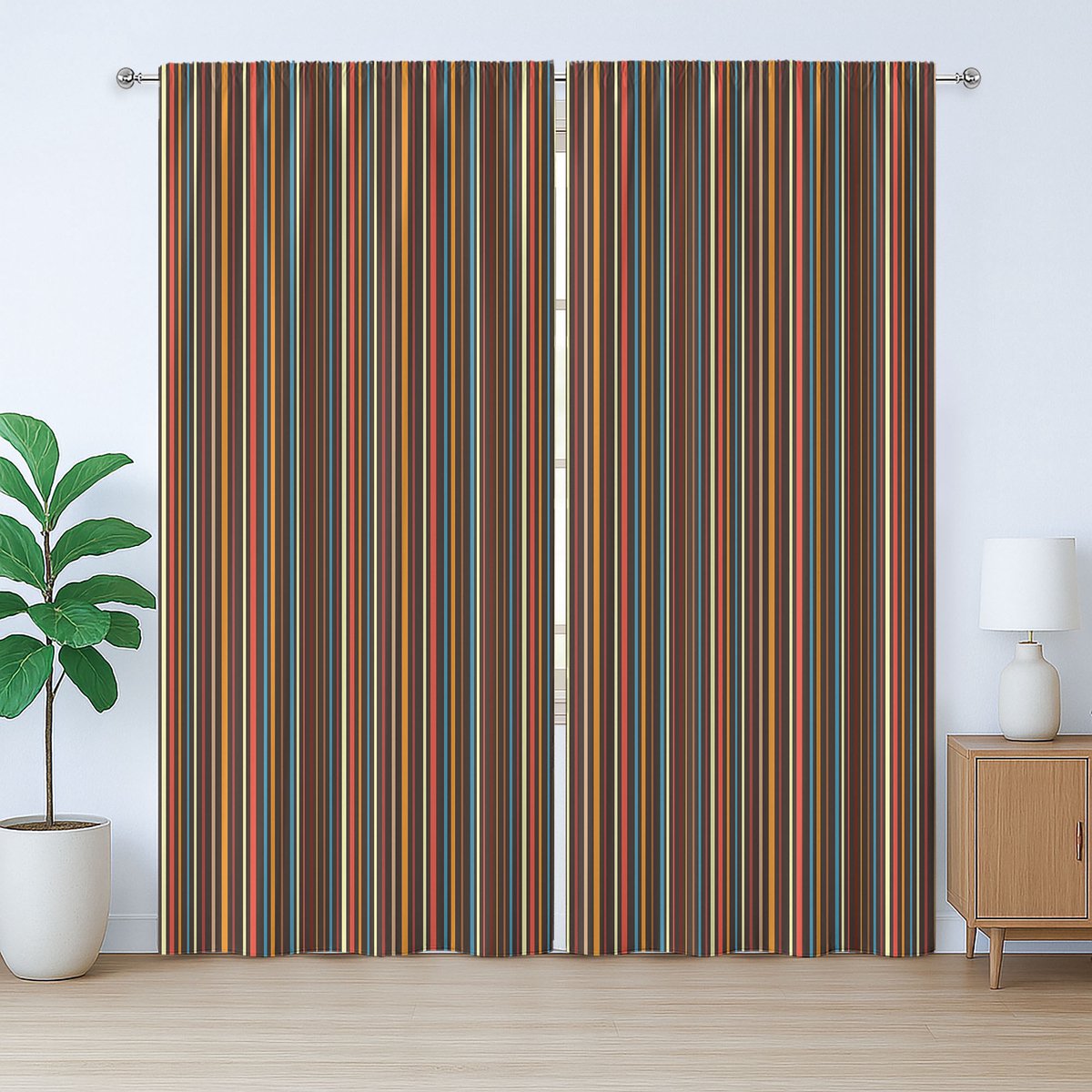 ABAKUHAUS Gestreept rustiek gordijn, kleurrijke verticale lijnen, Gordijn met plooien, lussen en haken, 280 x 245 cm, bruin, blauw, mosterdgeel