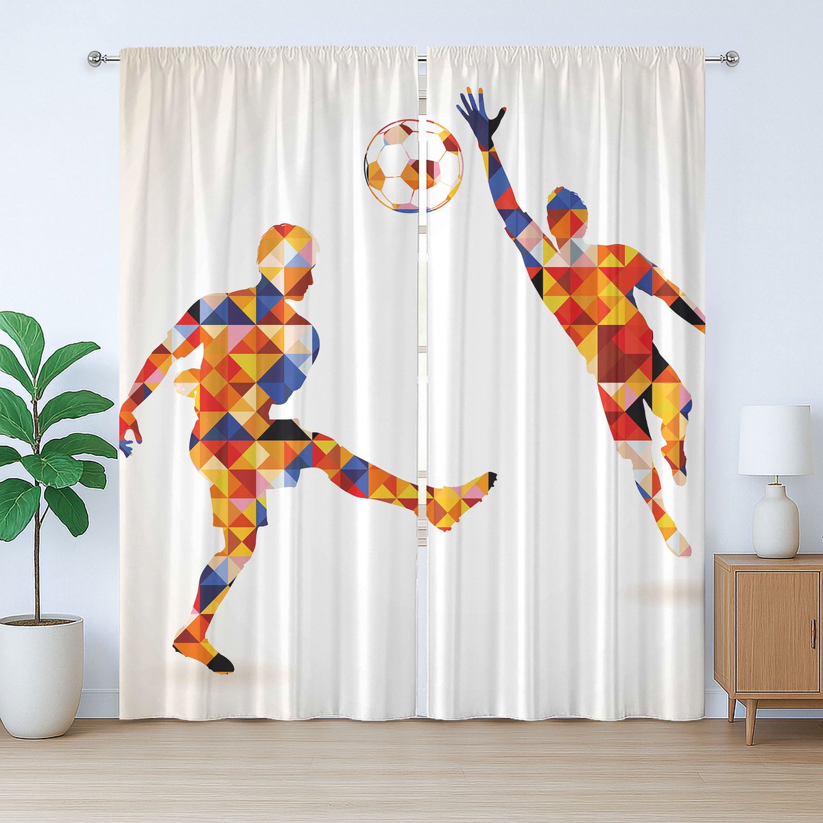 ABAKUHAUS Abstracte rustieke gordijnen, kleurrijke voetballers, universele wandgordijnen met lussen en haken , 280 x 225 cm, donker lavendel