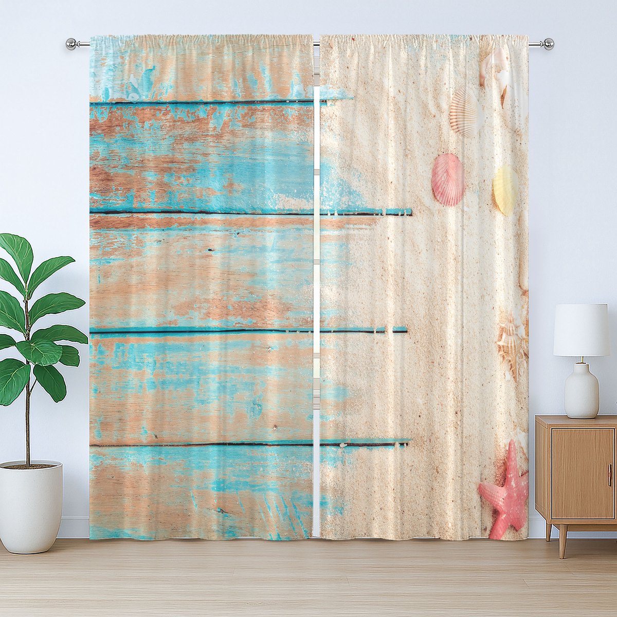 ABAKUHAUS Rustiek zomergordijn, zandstrand houten planken, slaapkamergordijn met lussen en haken, 280 x 225 cm, turquoise beige