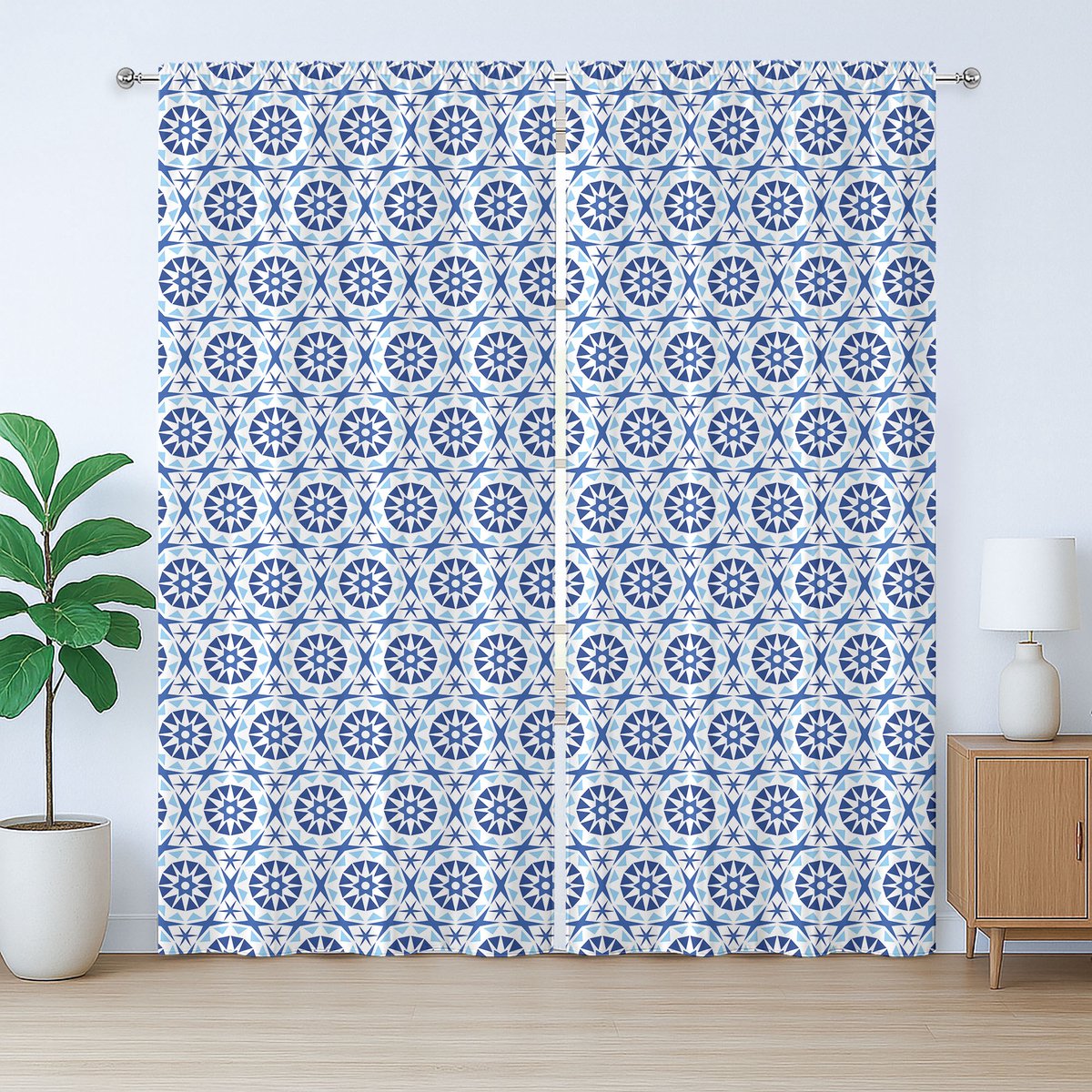 ABAKUHAUS Blauw Mandala Rustiek Gordijn, Abstract Bloemenmotief, met Bandjes en Haken voor de Woonkamer, 280 x 225 cm, Koningsblauw Marineblauw