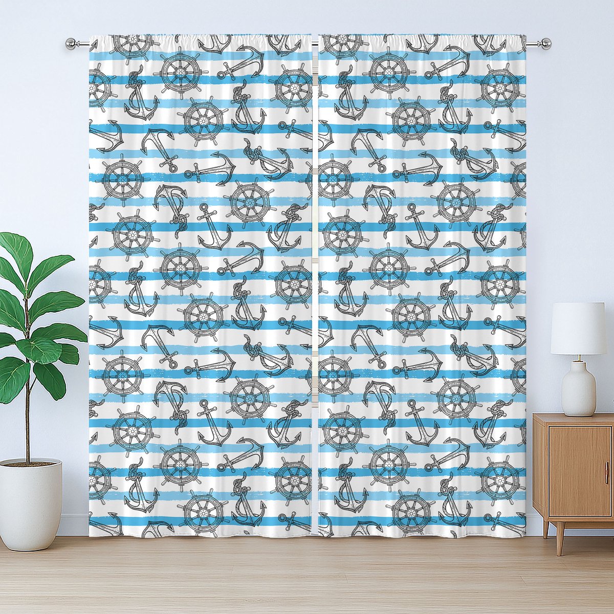 ABAKUHAUS Maritiem Rustiek Gordijn, Anker Stuurwiel Kunst, met Bandjes voor de Woonkamer met Lusjes en Haken, 280 x 225 cm, Wit en Donkerblauw