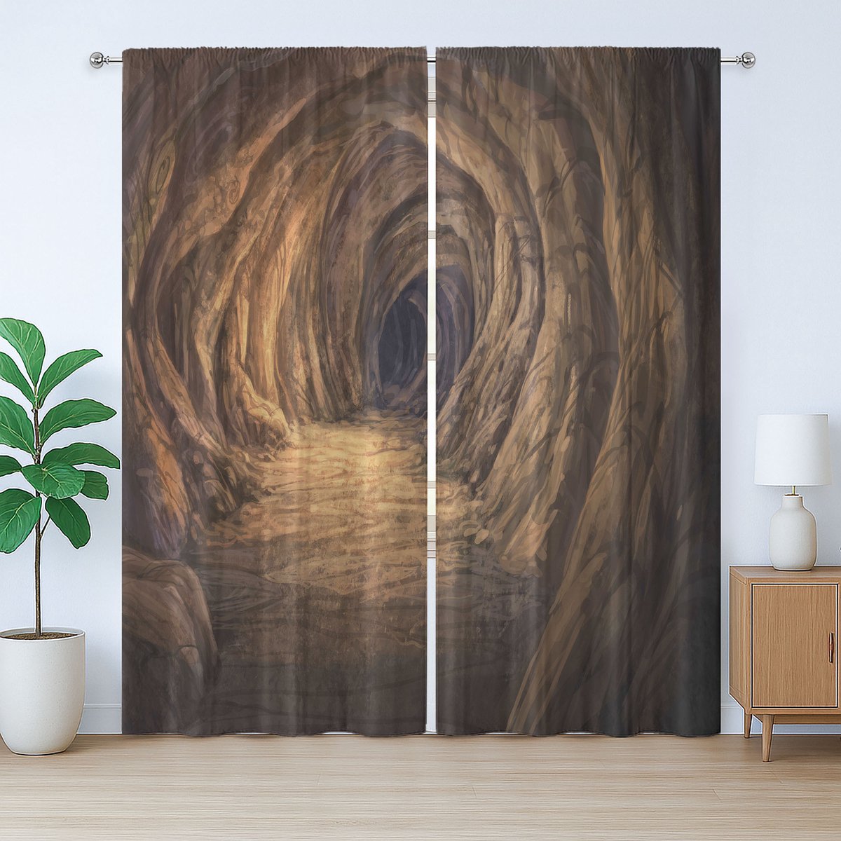 ABAKUHAUS Rustiek Gordijn met Grotmotief, Geologische Vorming, Gordijn met Plooiing, Lusjes en Haken voor de Slaapkamer, 280 x 175 cm, Lichtbruin