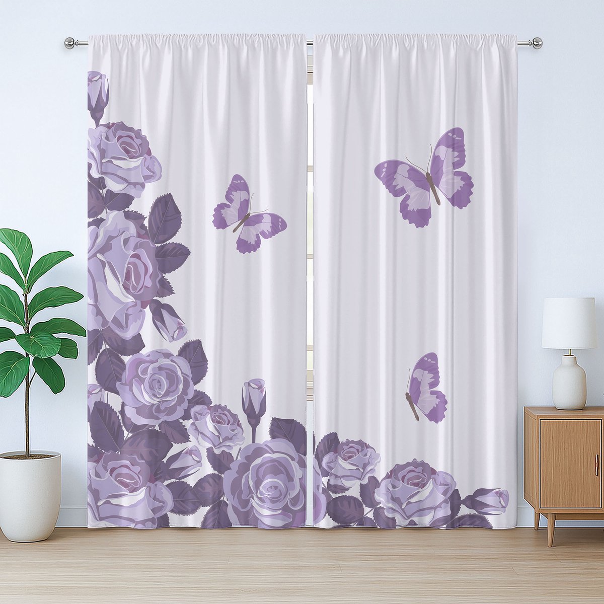 ABAKUHAUS Rustiek Lila Gordijn, Bruidsrozen en Vlinders, met Bandjes, Lussen en Haken voor de Woonkamer, 280 x 175 cm, Lila en Violet