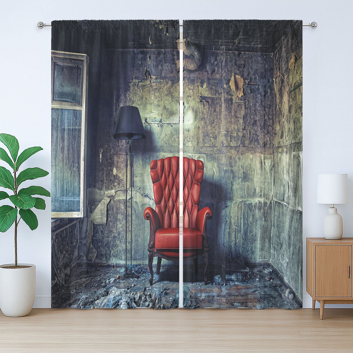 ABAKUHAUS Grunge Rustiek Gordijn, Oude Stoel Rommelig Huis, Slaapkamergordijn met Plooiing, Lussen en Haken, 280 x 260 cm, Lichtgroen Rood Zwart