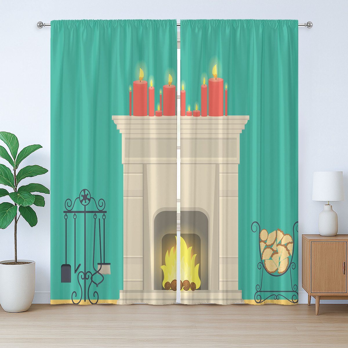 ABAKUHAUS Rustiek haardgordijn, Klassieke haardkaarsen, Slaapkamergordijn met plooien, lussen en haken, 280 x 245 cm, Meerkleurig