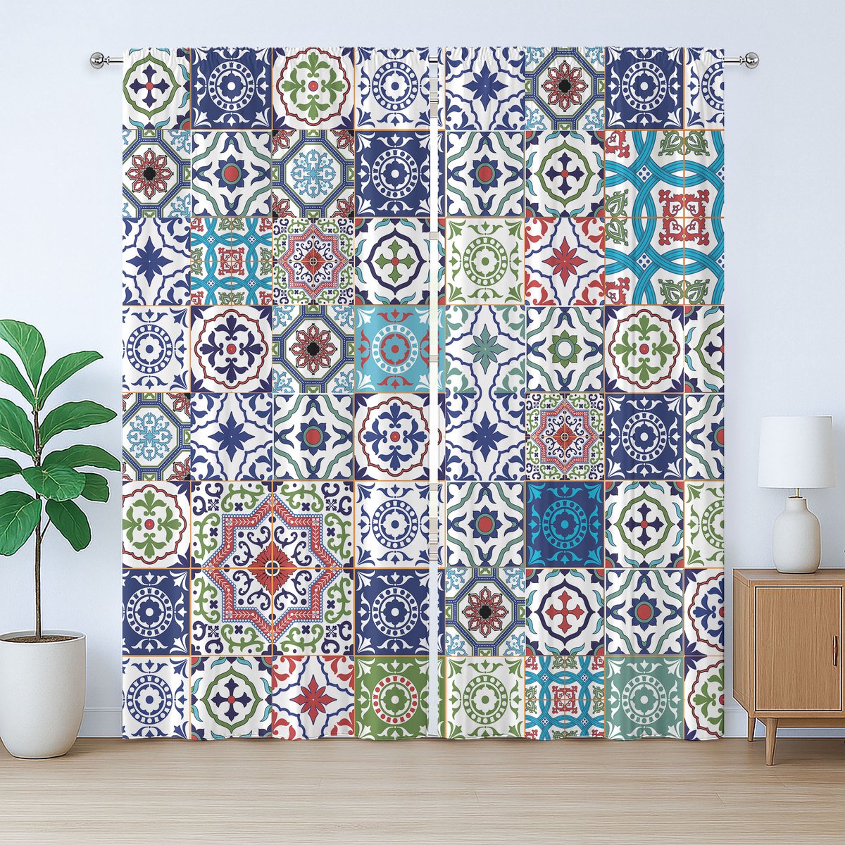 ABAKUHAUS Boho Rustiek Gordijn, Bloemenmotief, Slaapkamergordijn met Geplooide Band, Lussen en Haken, 280 x 175 cm, Groen Blauw