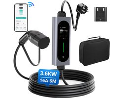 JUNSUN Draagbare 3.6 kW 16A 1-Fase EV APP/WiFi Laadkabel - Type 2 Laadpaal , 6M Kabel + LCD Scherm & Opbergtas & Haak voor oplaadkabel- 6A/8A/10A/13A/16A Schakelbaar -Aluminiumlegering behuizing IEC62196-2 & IP65