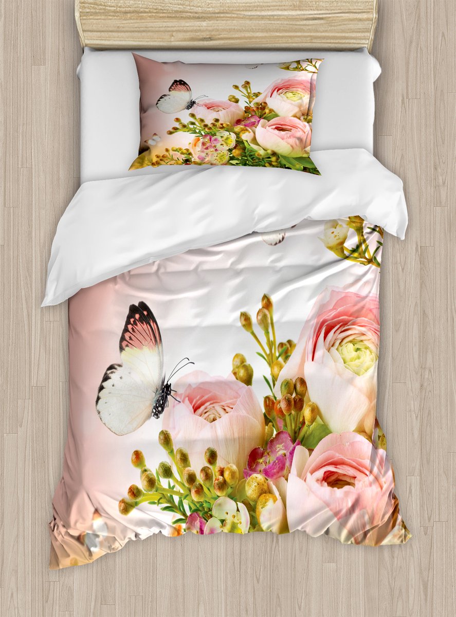 ABAKUHAUS Vlinder Dekbedovertrekset voor eenpersoonsbedden, Bloemenprint met Rozen, inclusief kussensloop, 130 x 200 cm