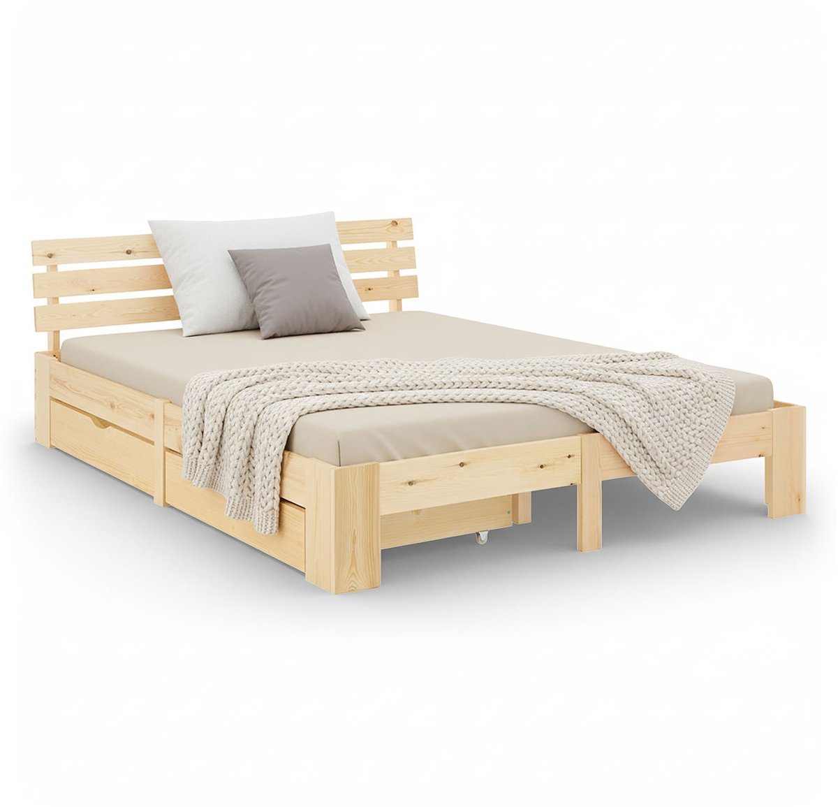 Homestyle4u Tweepersoonsbed - 140x200 cm - met bedbak - Lattenbodem - Natuur