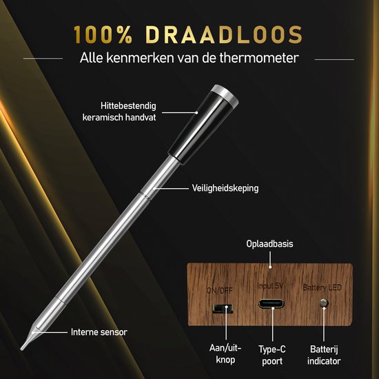 Detail van een zilverkleurige vleesthermometer met zwarte handgreep en labelaanduidingen.