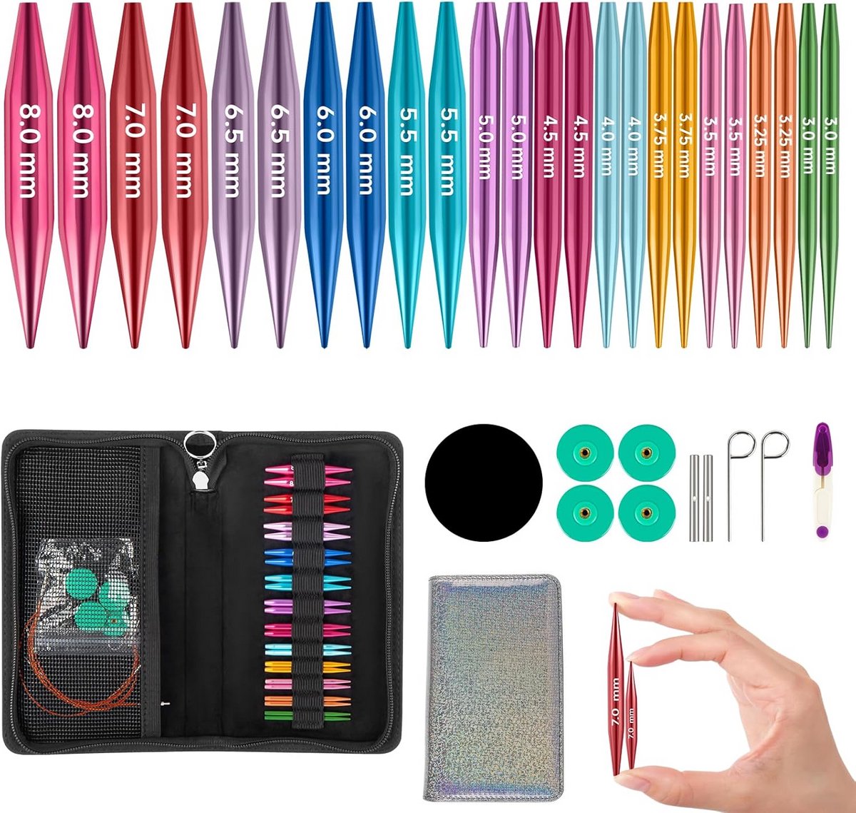 Rondbreinaalden Set Vervangbaar - 12 Maten 3-8mm, Aluminium, Inclusief Etui en Accessoires