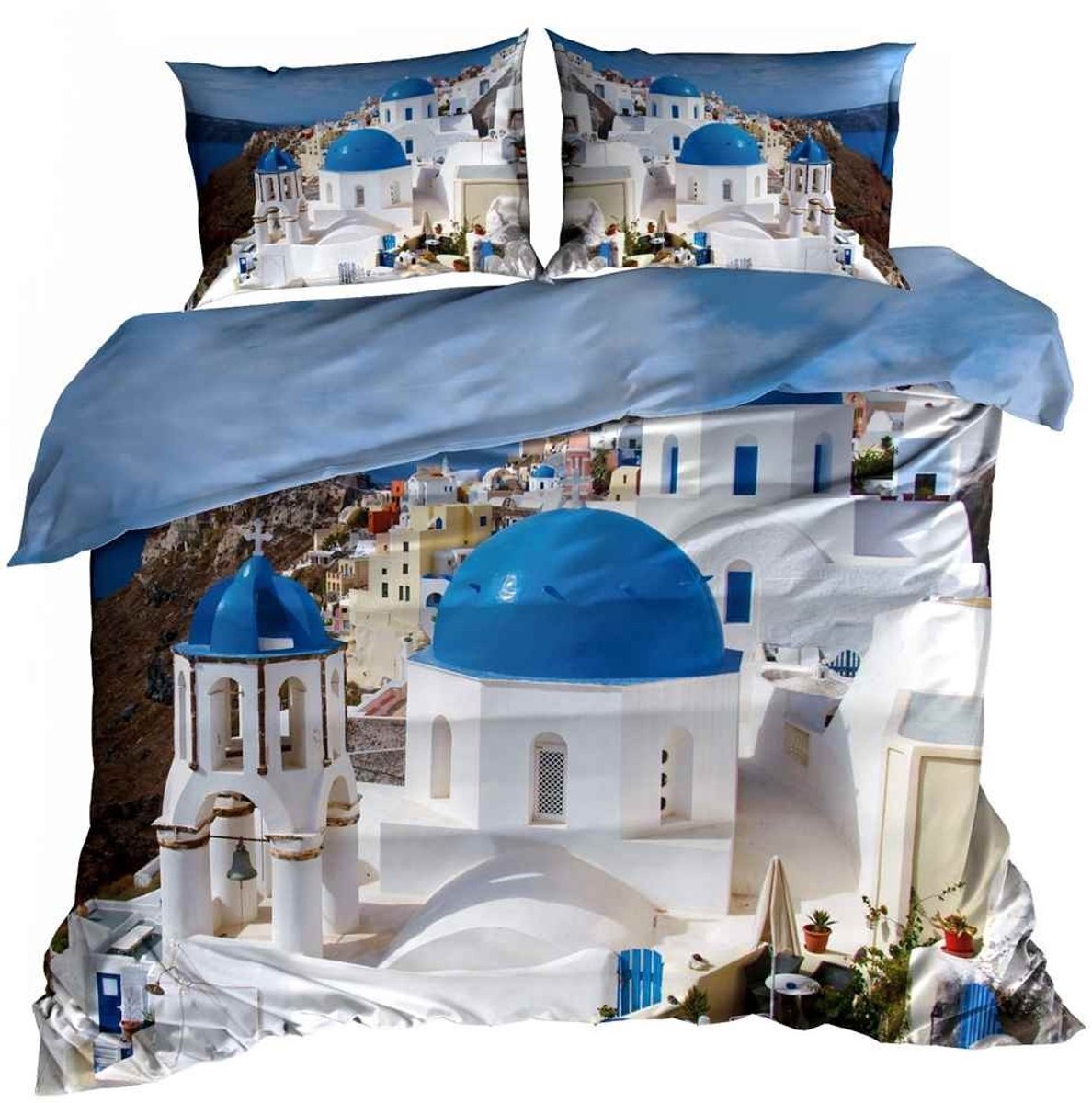 Luxe 3D Dekbedovertrekset - Katoen Satijn - 200x220 cm - Inclusief 2 Kussenslopen 70x80 cm - Design: Griekenland Santorini - Blauwe Daken & Zee - Vakantiegevoel - Blauw/Wit