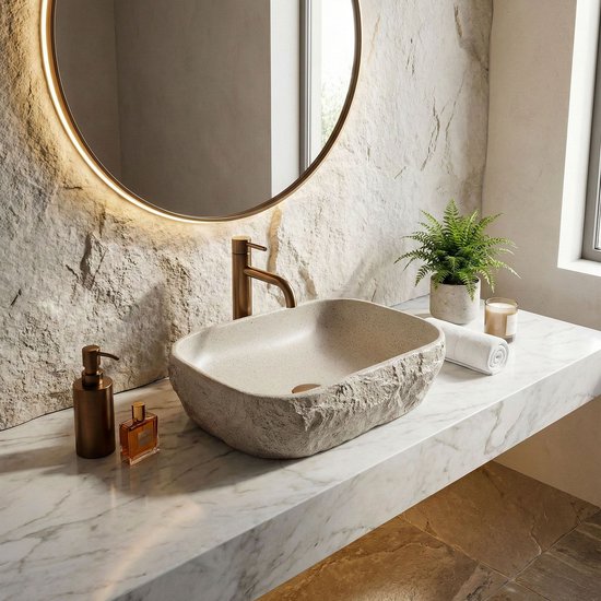 Lavabo brut de couleur crème avec robinet en bronze sur un meuble de salle de bain en marbre.
