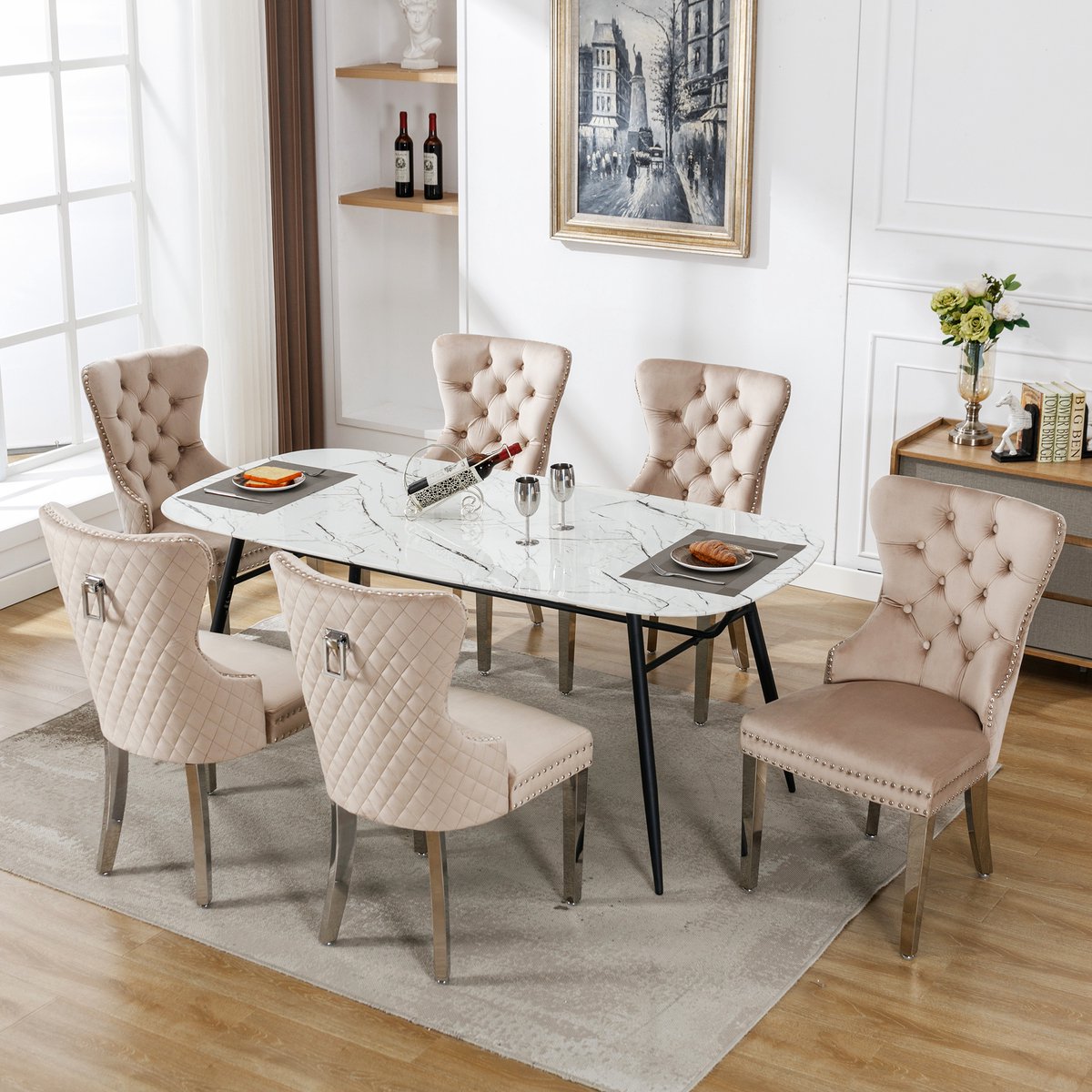 OKWISH Eetkamerstoel Set Van 6 - Fluwelen Bekleding - Met PinKop Details En Deurklopper - Metalen Poten - Beige - 62,5×53×94,5 Cm