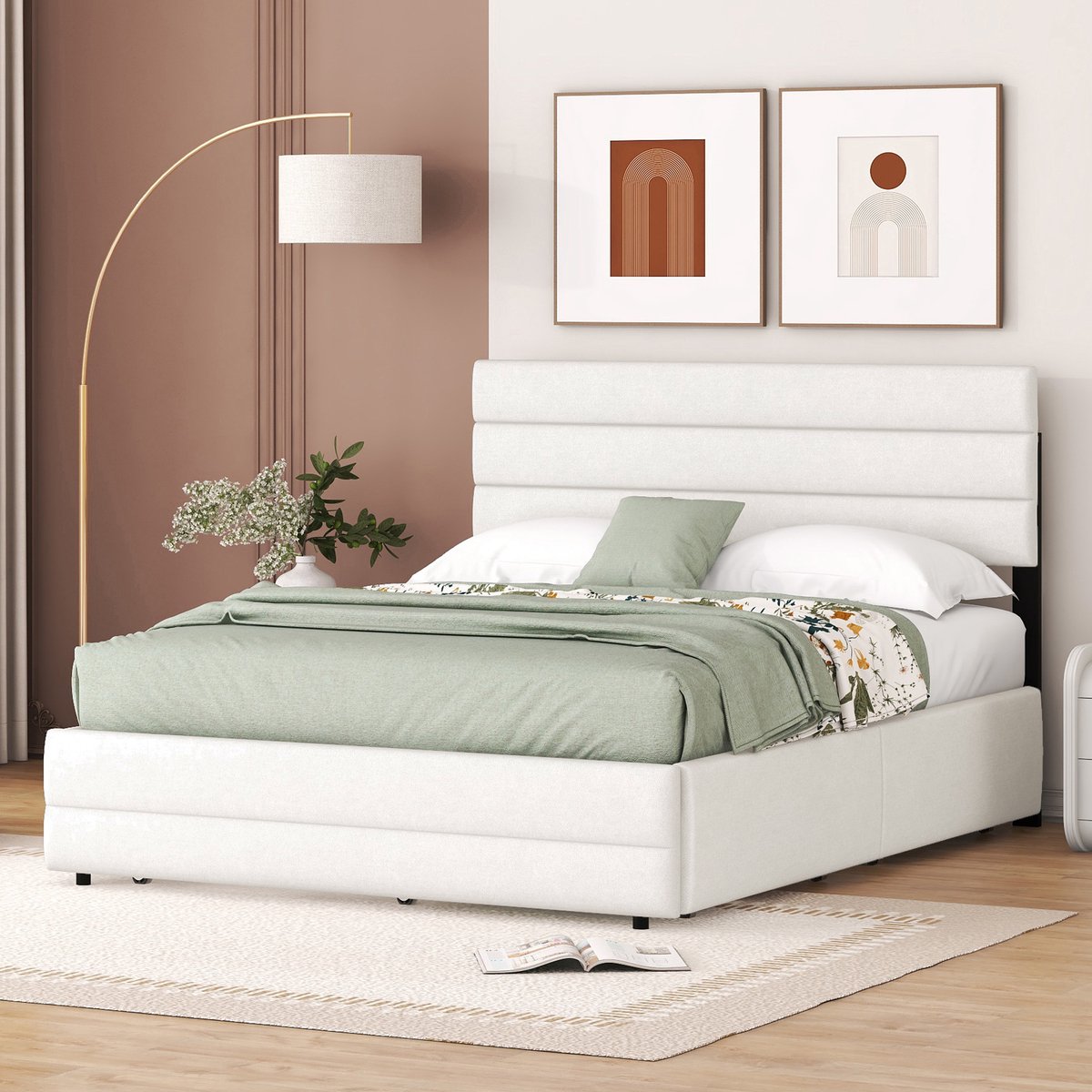 Wishdor Gestoffeerd Platformbed 140x200 cm – Met Uitschuifbed & 2 Lades – Verstelbaar Hoofdbord – Compleet & Flexibel – Linnen – Beige