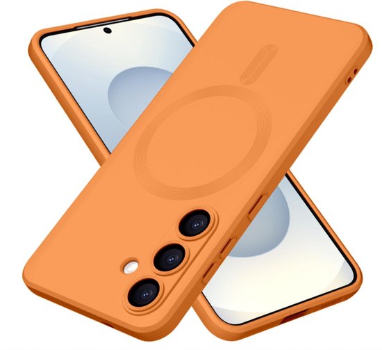 Coque de téléphone orange avec anneau magnétique au dos, présentée sur fond blanc.