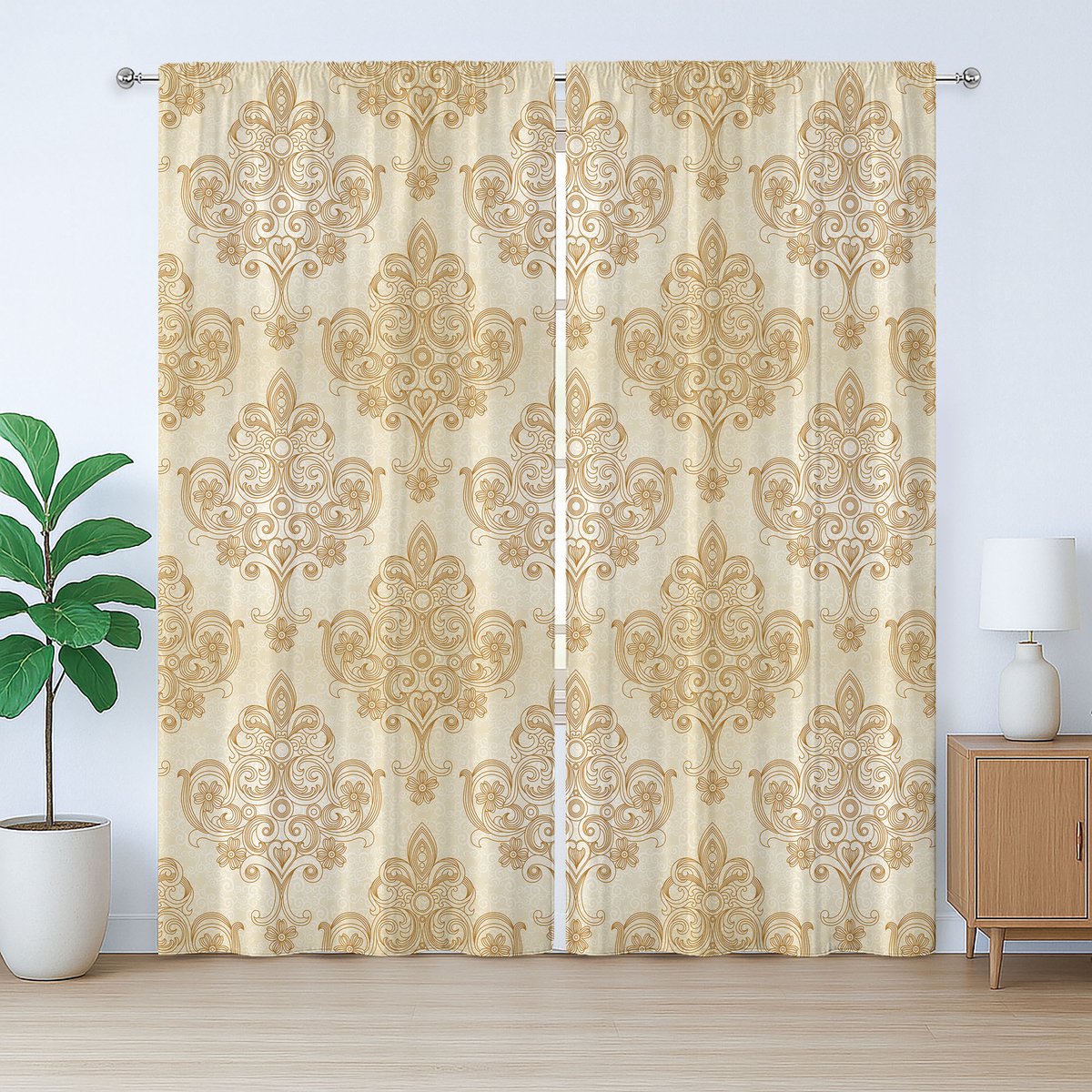 ABAKUHAUS Vintage Rustiek Gordijn, Barok Gebogen Bloemen, met Bandjes voor de Woonkamer met Lussen en Haken, 280 x 225 cm, Crème Lichtbruin