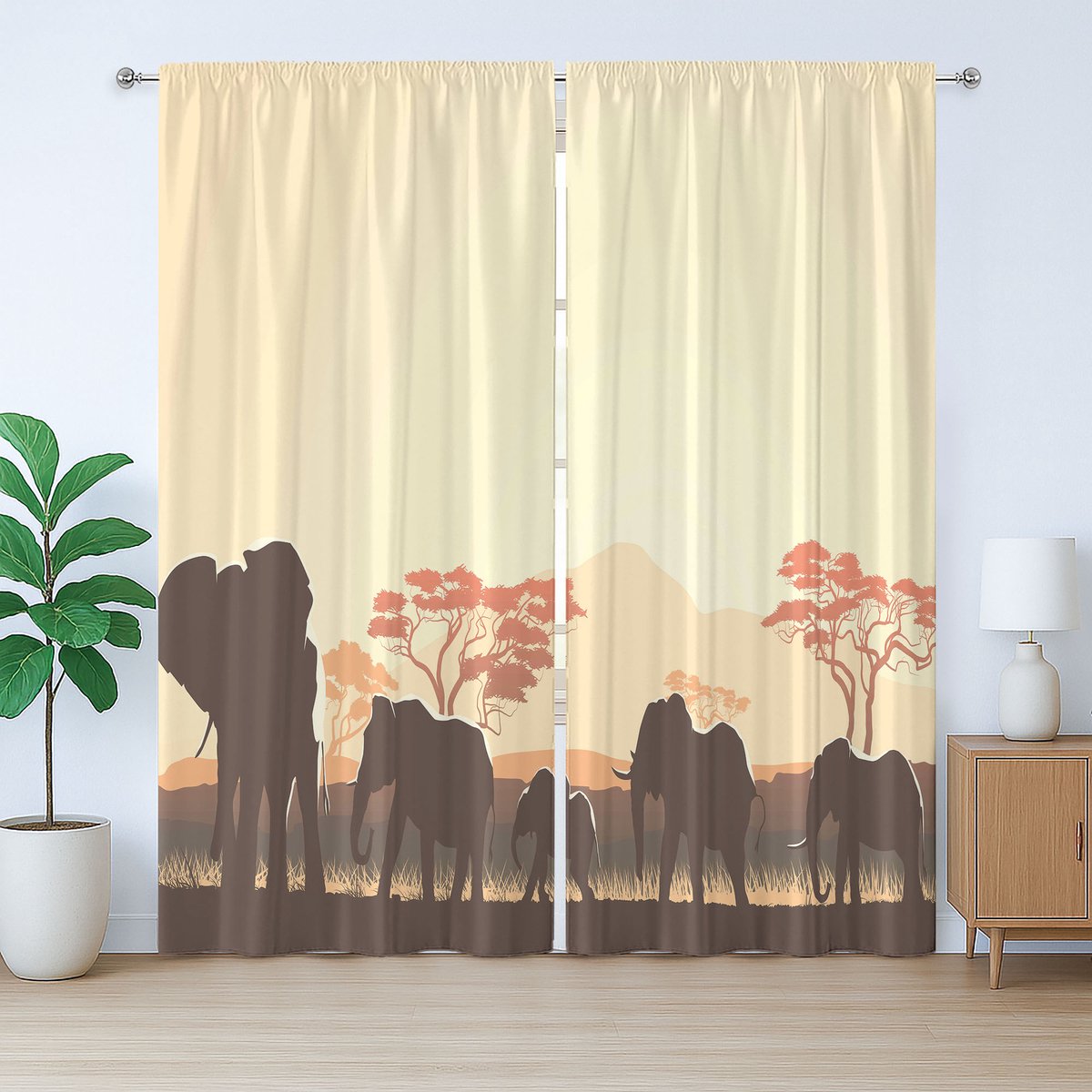 ABAKUHAUS Afrikaans rustiek gordijn, safaridier olifant, met lussen en haken voor de woonkamer, 280 x 175 cm, lichtgeelbruin