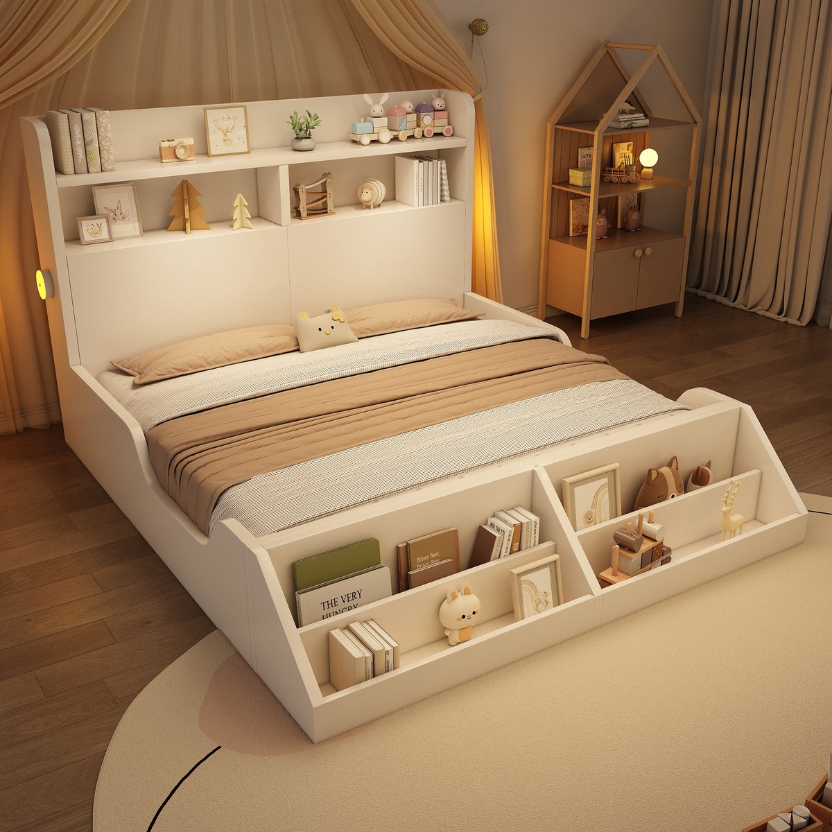STILVORA Houten Bed 140x200 cm – Tweepersoonsbed Met Nachtlampjes – Hoofdbord Met Opbergvakken – Afneembaar Boekenrek – Zonder matras – Wit