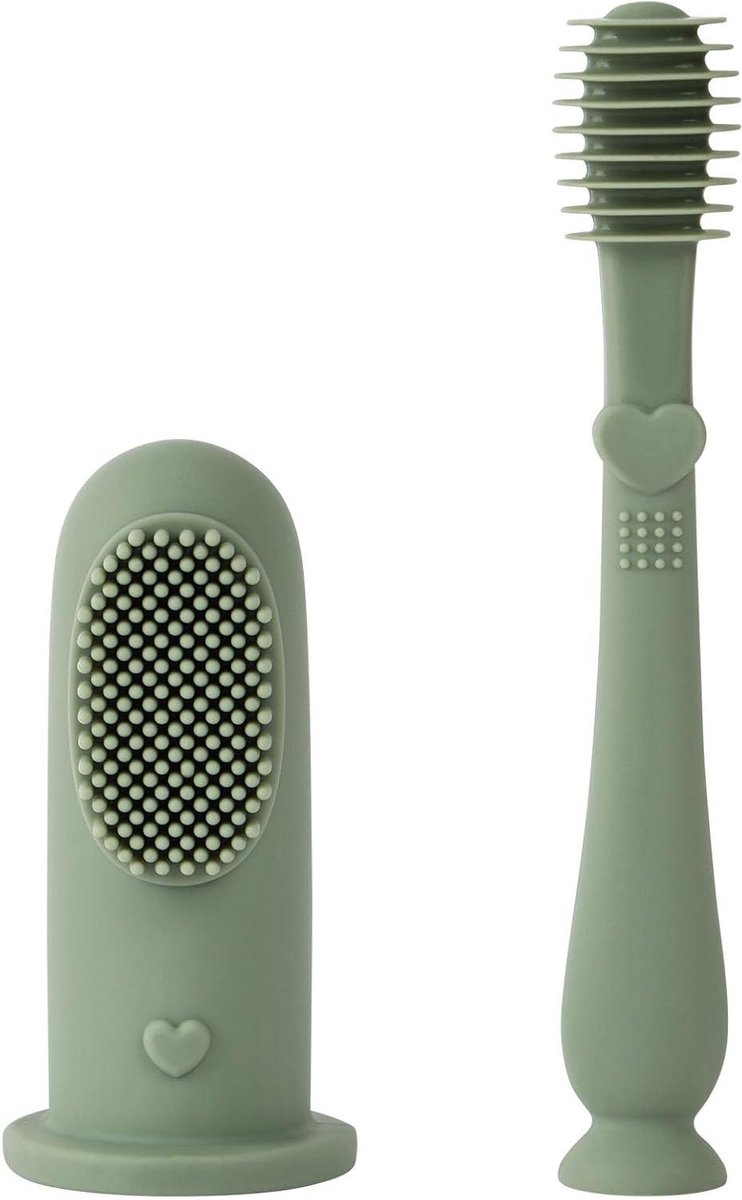 Siliconen Vinger Tandenborstel voor Baby's - Mondreiniger Kit - Zachte Massageborstel voor Tandvlees - Doorkomende Tandjes - Mondverzorging - Grijs Groen