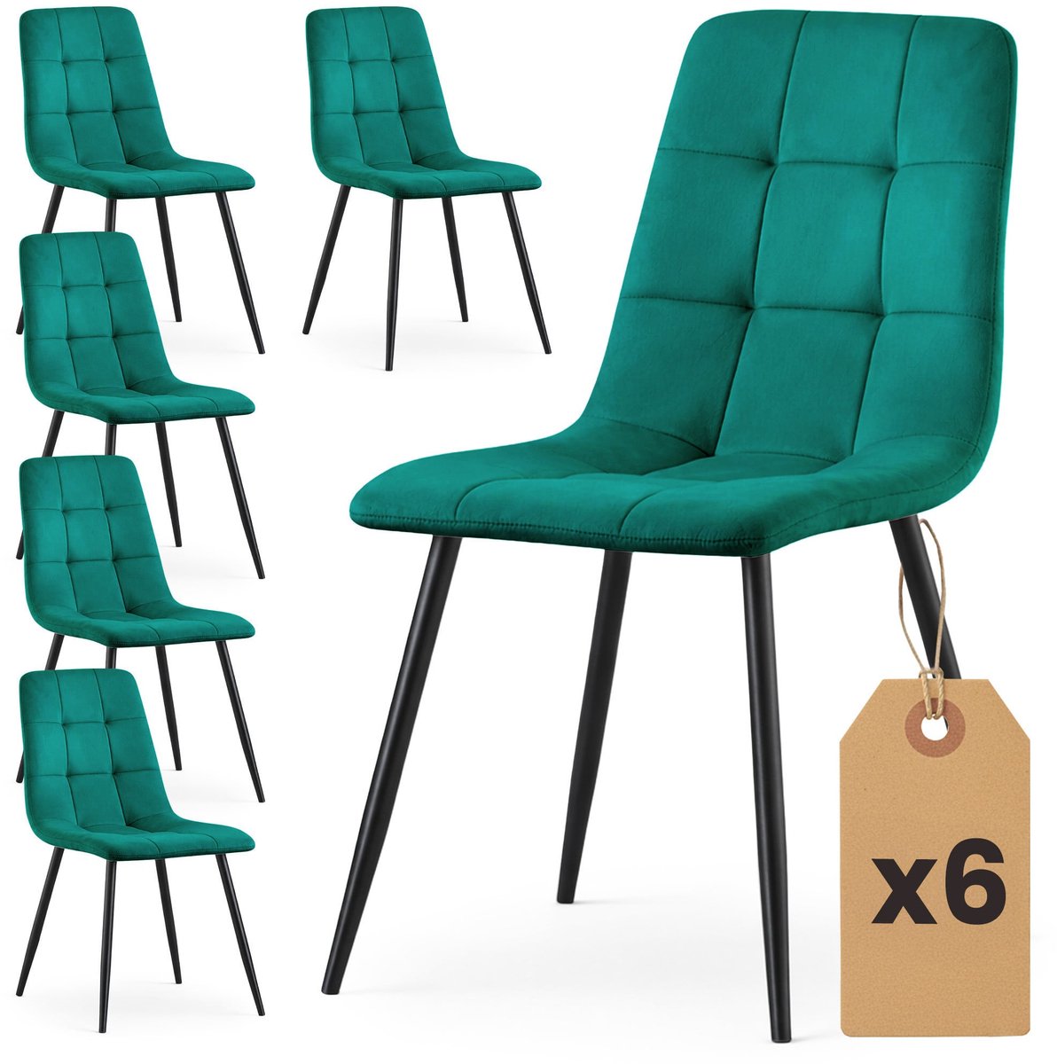 Set van 6 Eetkamerstoelen NERO / Gestoffeerde Stoelen / Fluwelen Stoelen en Metalen Poten / Flesgroen met zwarte benen